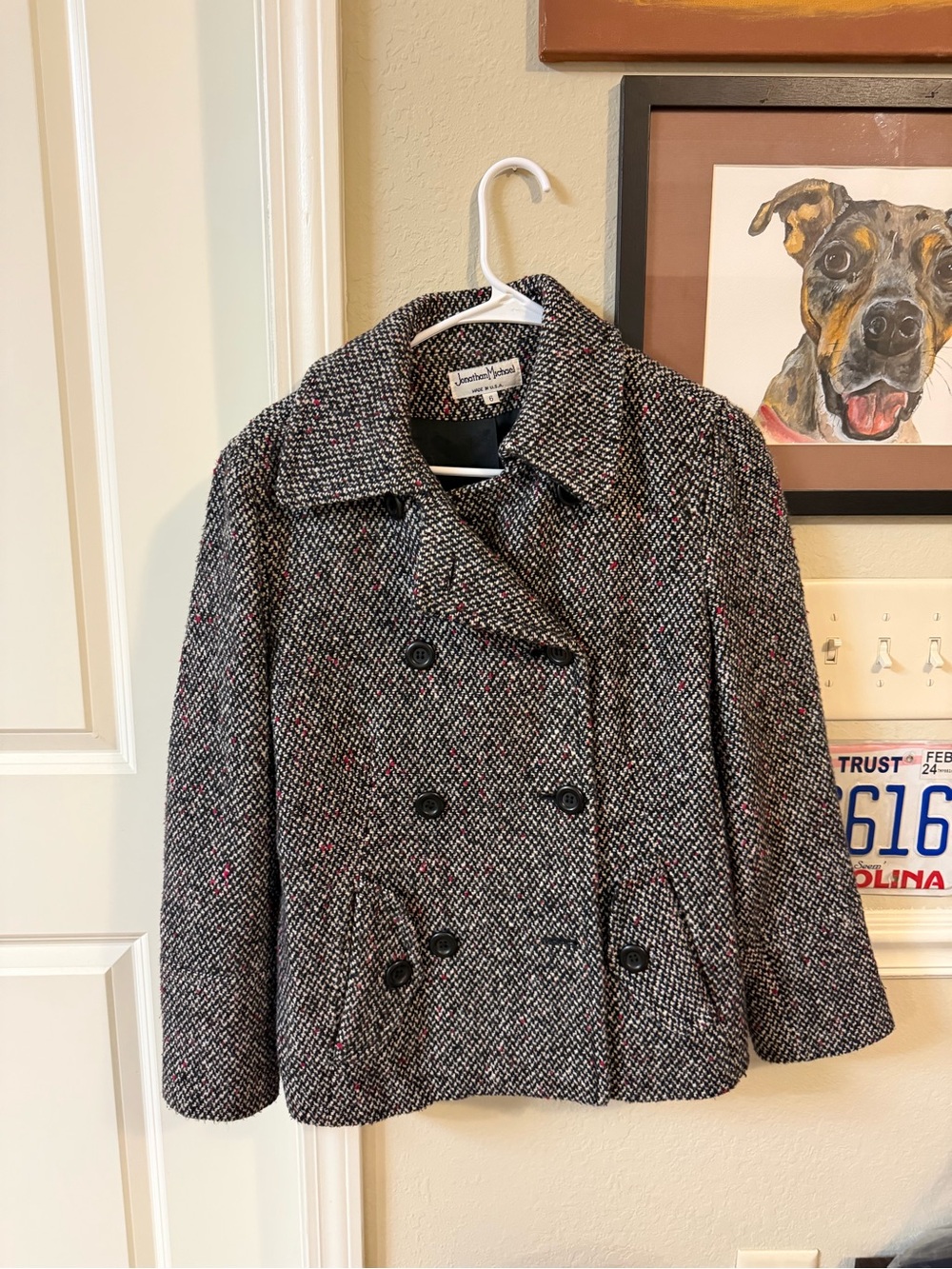 Jonathan Michael Vintage Tweed Double-Breasted Pea Coat with Pink Fleck